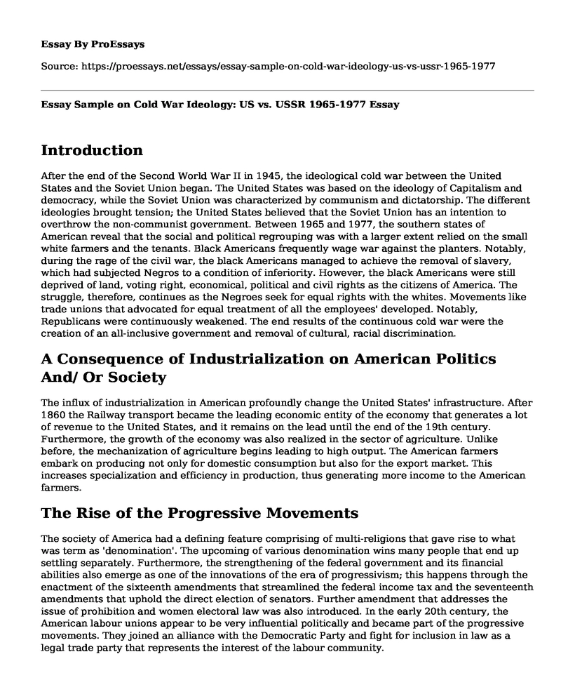 Essay Sample on Cold War Ideology: US vs. USSR 1965-1977