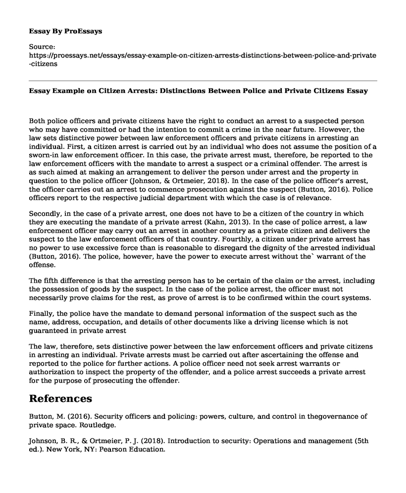 Essay Example on Citizen Arrests: Distinctions Between Police and Private Citizens