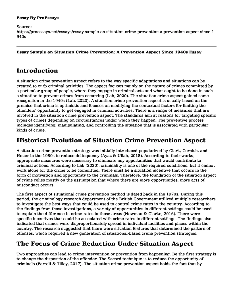 Essay Sample on Situation Crime Prevention: A Prevention Aspect Since 1940s