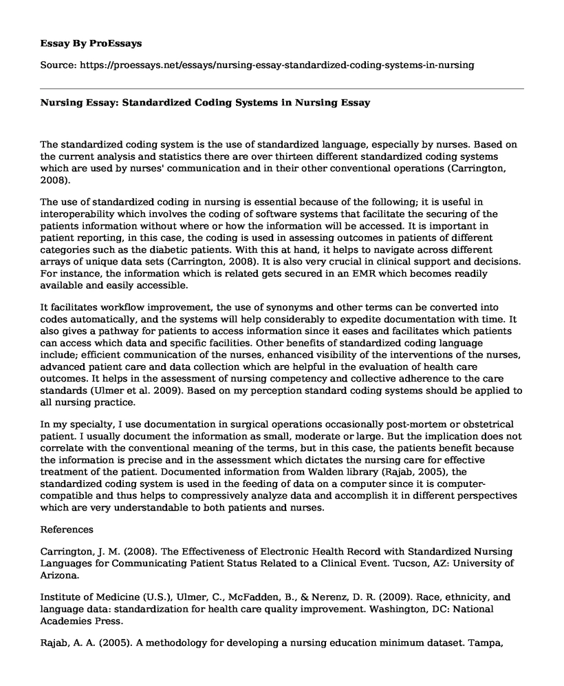 Nursing Essay: Standardized Coding Systems in Nursing