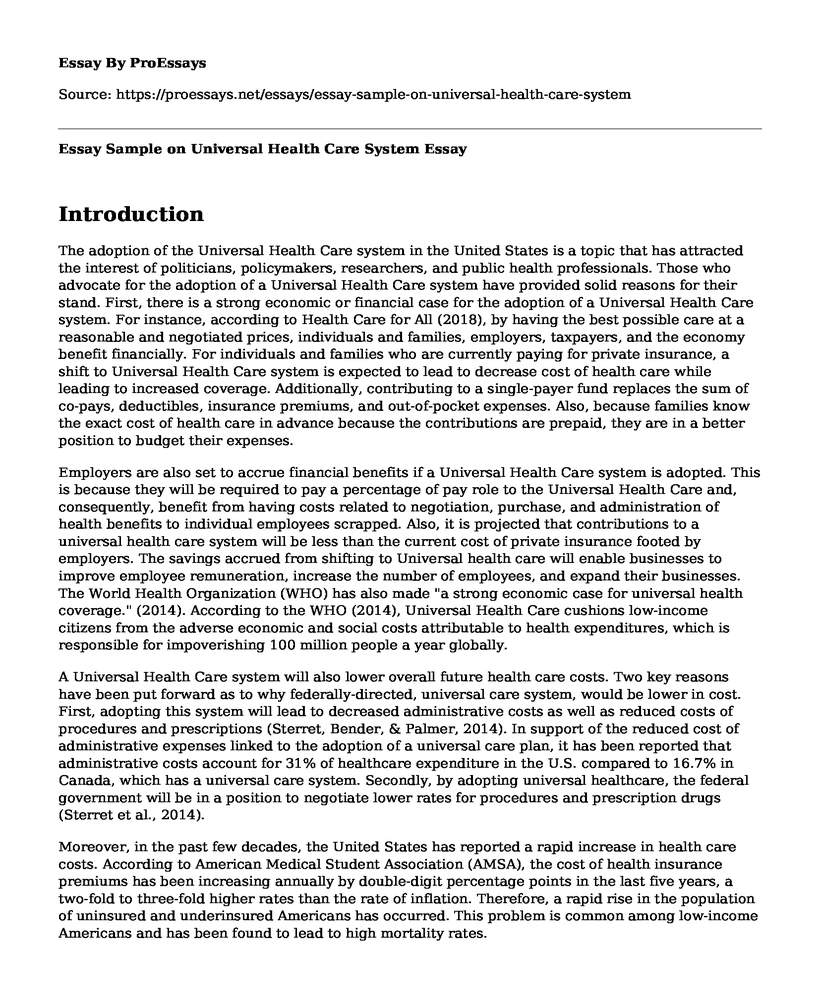 Essay Sample on Universal Health Care System