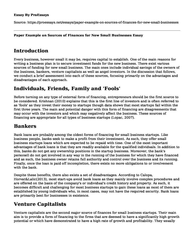 Paper Example on Sources of Finances for New Small Businesses
