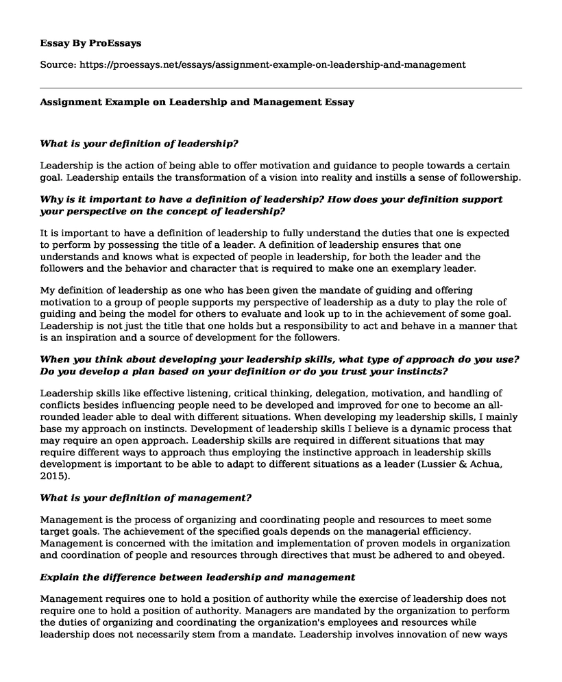 Assignment Example on Leadership and Management