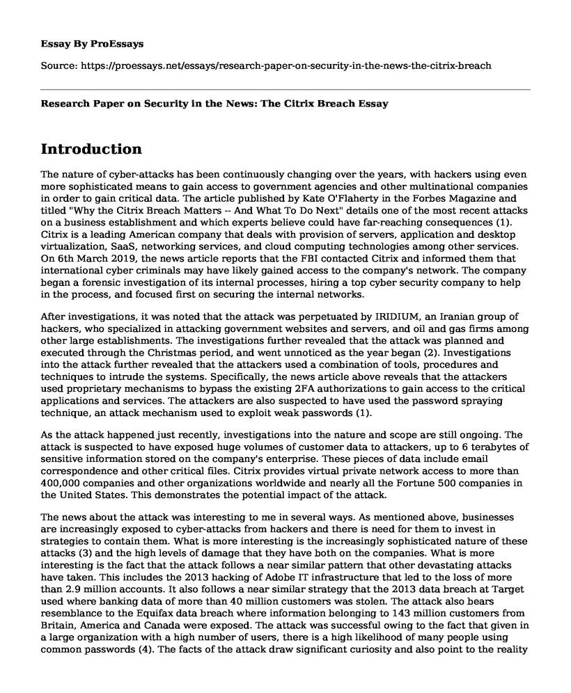 Research Paper on Security in the News: The Citrix Breach