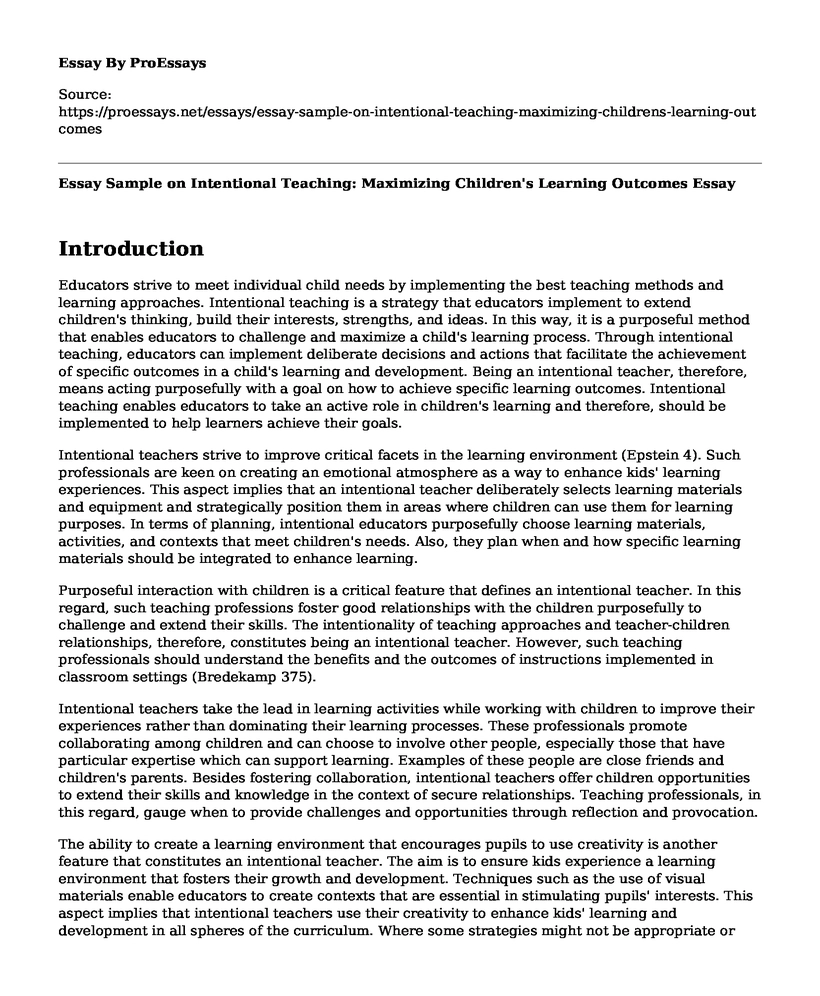 Essay Sample on Intentional Teaching: Maximizing Children's Learning Outcomes