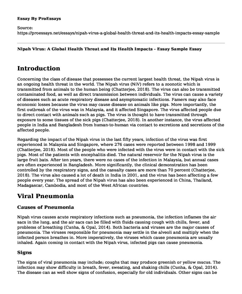 Nipah Virus: A Global Health Threat and Its Health Impacts - Essay Sample