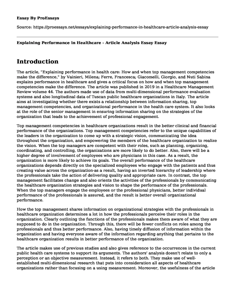 Explaining Performance in Healthcare - Article Analysis Essay