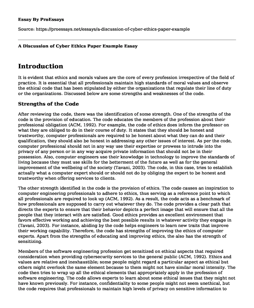 A Discussion of Cyber Ethics Paper Example