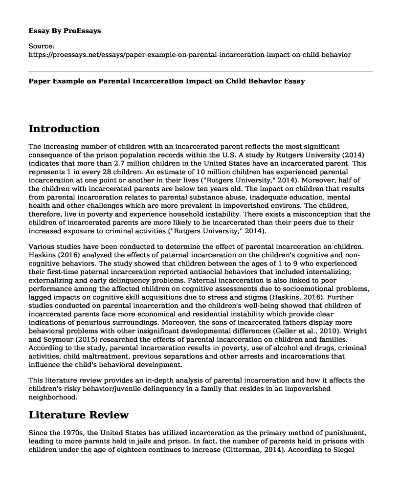 Paper Example on Parental Incarceration Impact on Child Behavior