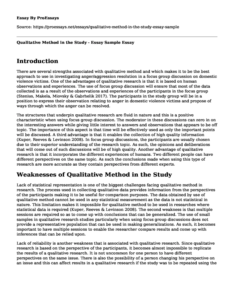 Qualitative Method in the Study - Essay Sample