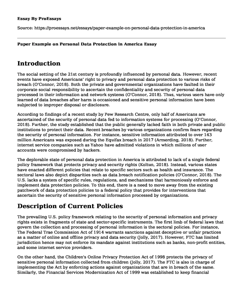 Paper Example on Personal Data Protection in America