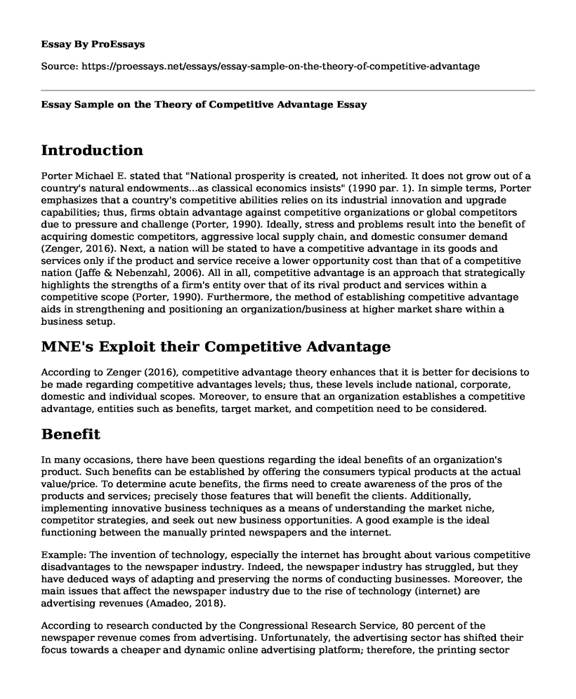 Essay Sample on the Theory of Competitive Advantage