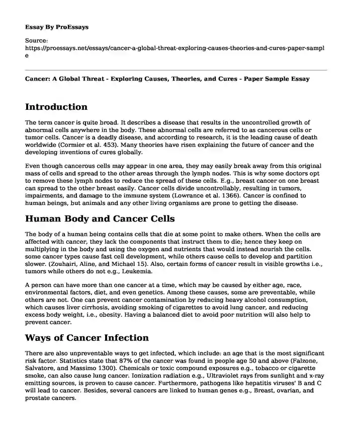 Cancer: A Global Threat - Exploring Causes, Theories, and Cures - Paper Sample