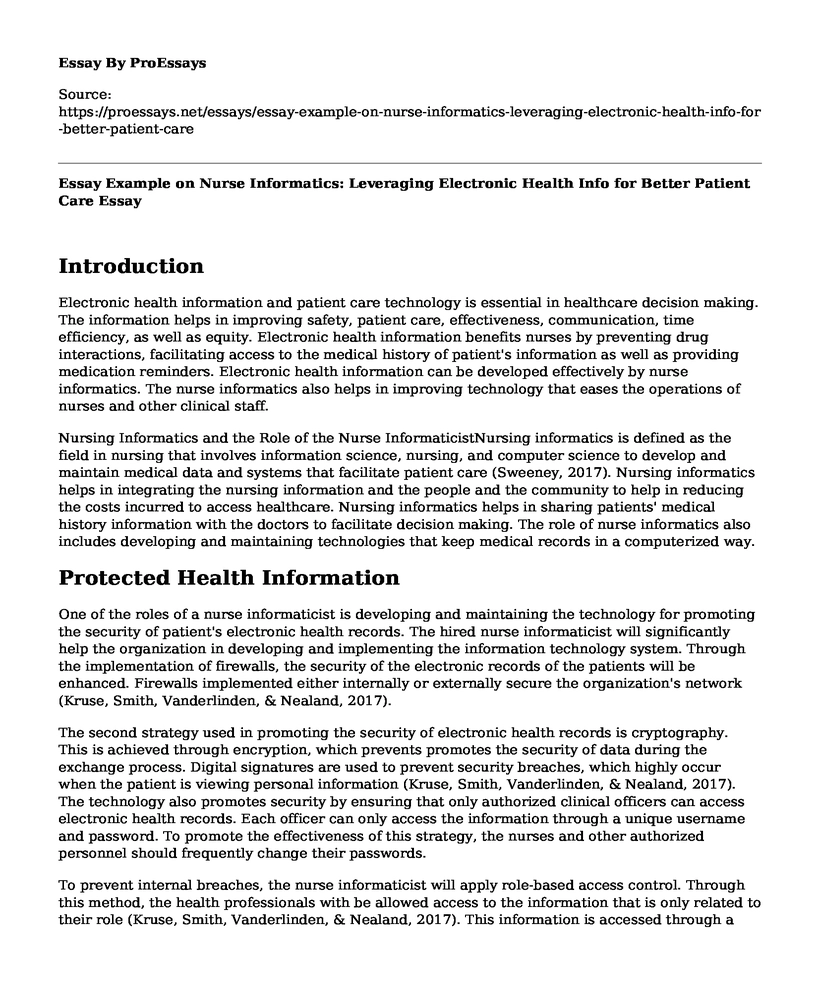 Essay Example on Nurse Informatics: Leveraging Electronic Health Info for Better Patient Care