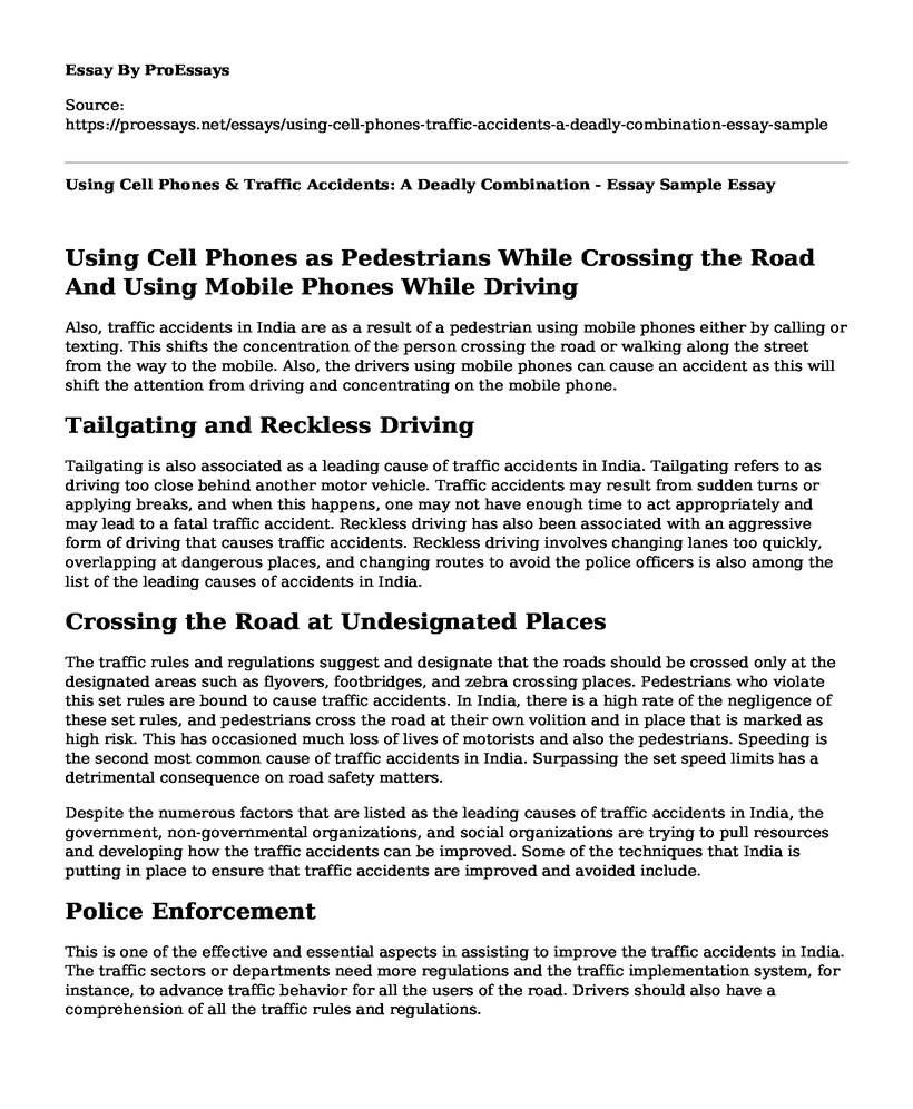 Using Cell Phones & Traffic Accidents: A Deadly Combination - Essay Sample