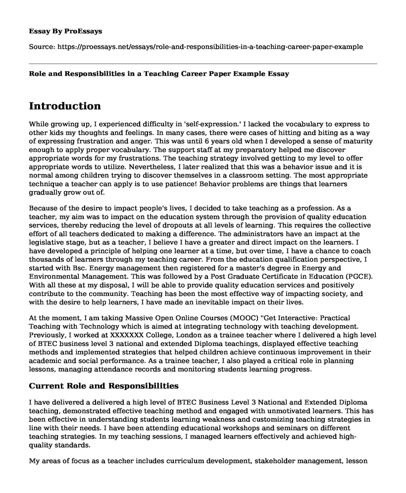 Role and Responsibilities in a Teaching Career Paper Example