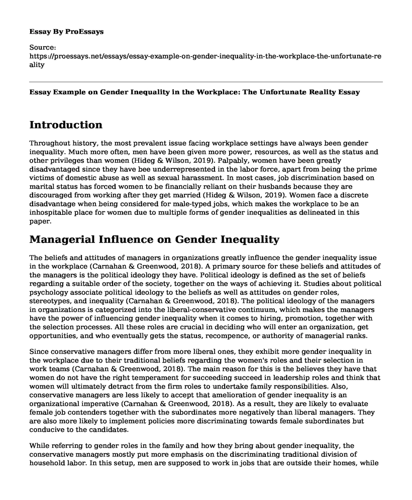 Essay Example on Gender Inequality in the Workplace: The Unfortunate Reality
