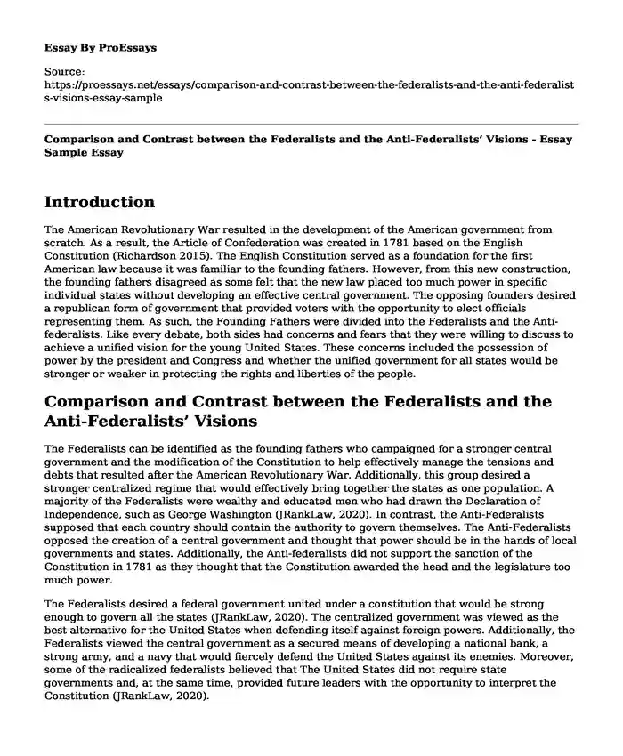 Comparison and Contrast between the Federalists and the Anti-Federalists' Visions - Essay Sample