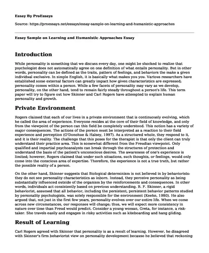 Essay Sample on Learning and Humanistic Approaches