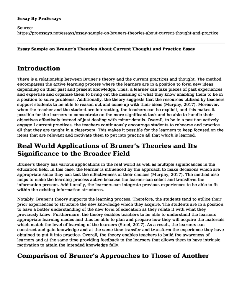 Essay Sample on Bruner's Theories About Current Thought and Practice