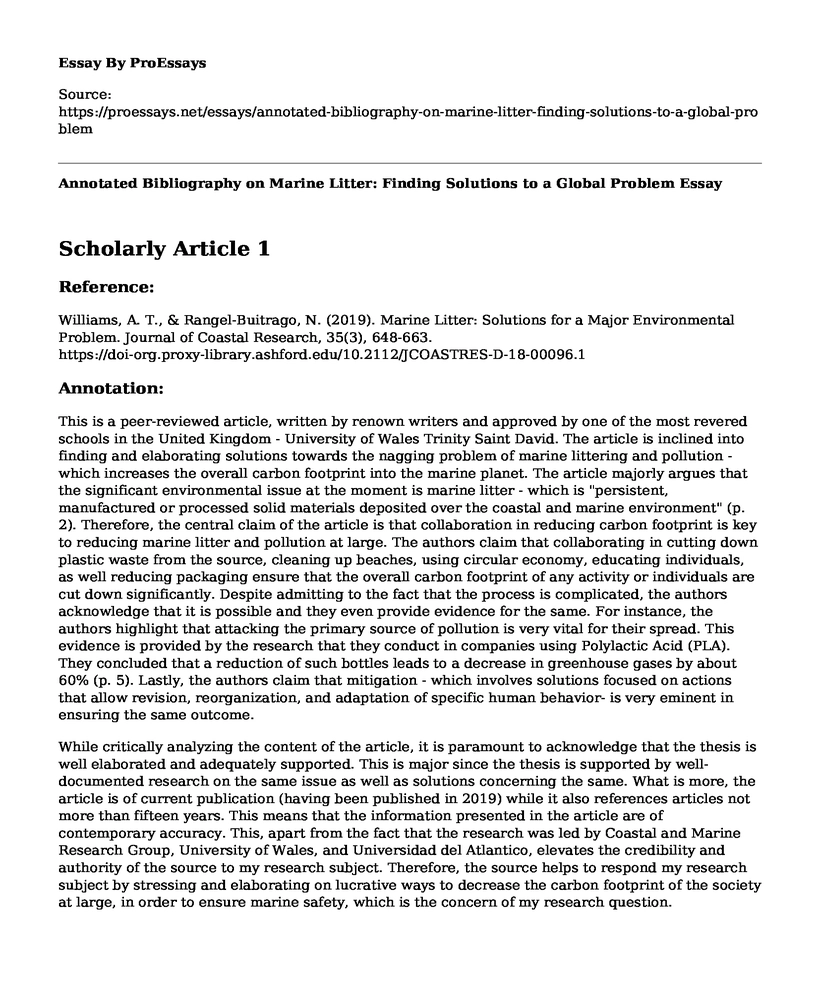 Annotated Bibliography on Marine Litter: Finding Solutions to a Global Problem