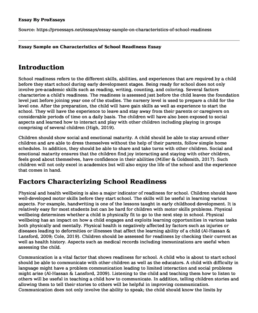 Essay Sample on Characteristics of School Readiness