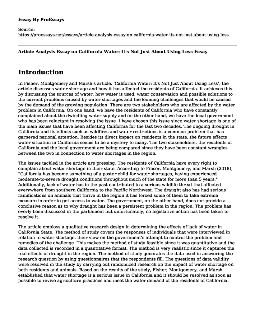 Article Analysis Essay on California Water: It's Not Just About Using Less