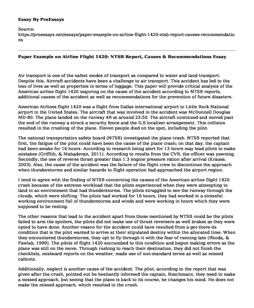 Paper Example on Airline Flight 1420: NTSB Report, Causes & Recommendations