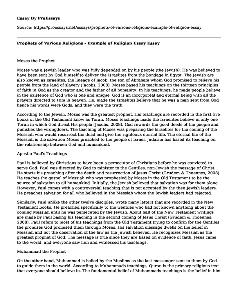 Prophets of Various Religions - Example of Religion Essay