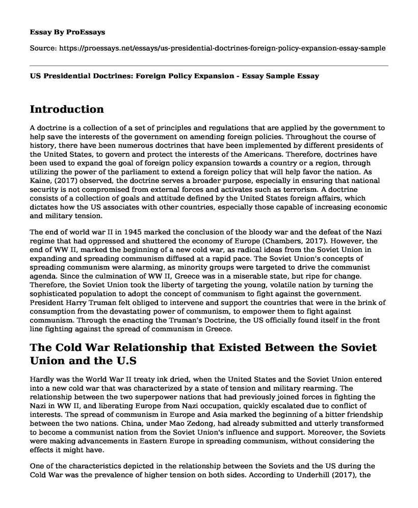 US Presidential Doctrines: Foreign Policy Expansion - Essay Sample