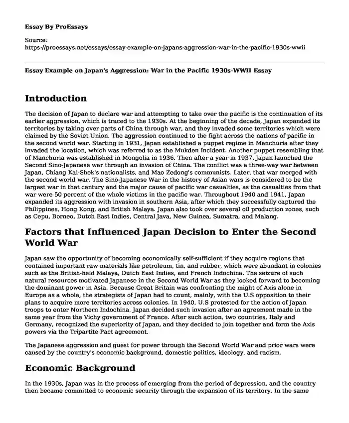 Essay Example on Japan's Aggression: War in the Pacific 1930s-WWII