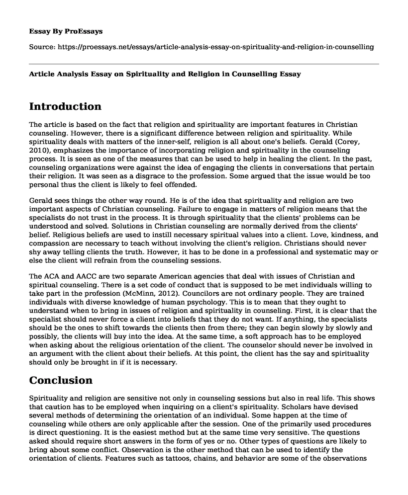 Article Analysis Essay on Spirituality and Religion in Counselling
