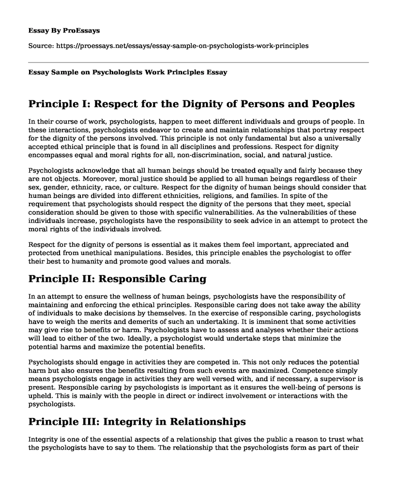Essay Sample on Psychologists Work Principles