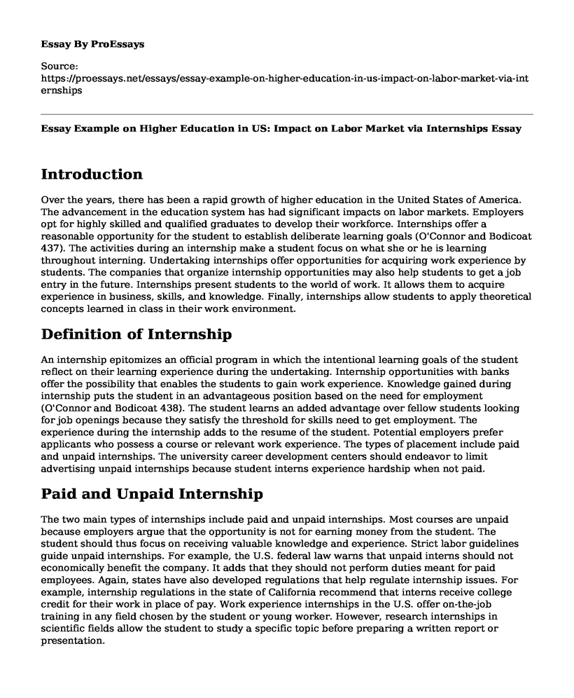 Essay Example on Higher Education in US: Impact on Labor Market via Internships
