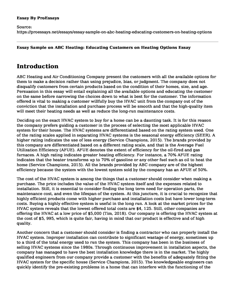 Essay Sample on ABC Heating: Educating Customers on Heating Options