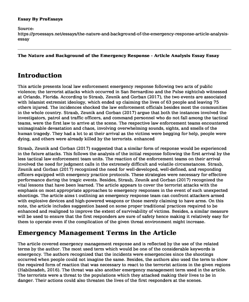 The Nature and Background of the Emergency Response - Article Analysis Essay