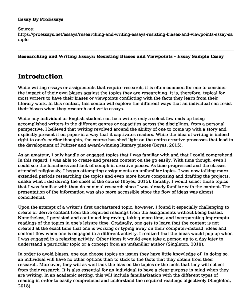 Researching and Writing Essays: Resisting Biases and Viewpoints - Essay Sample
