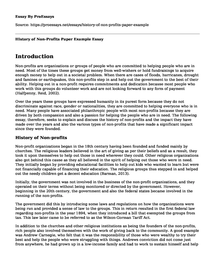History of Non-Profits Paper Example