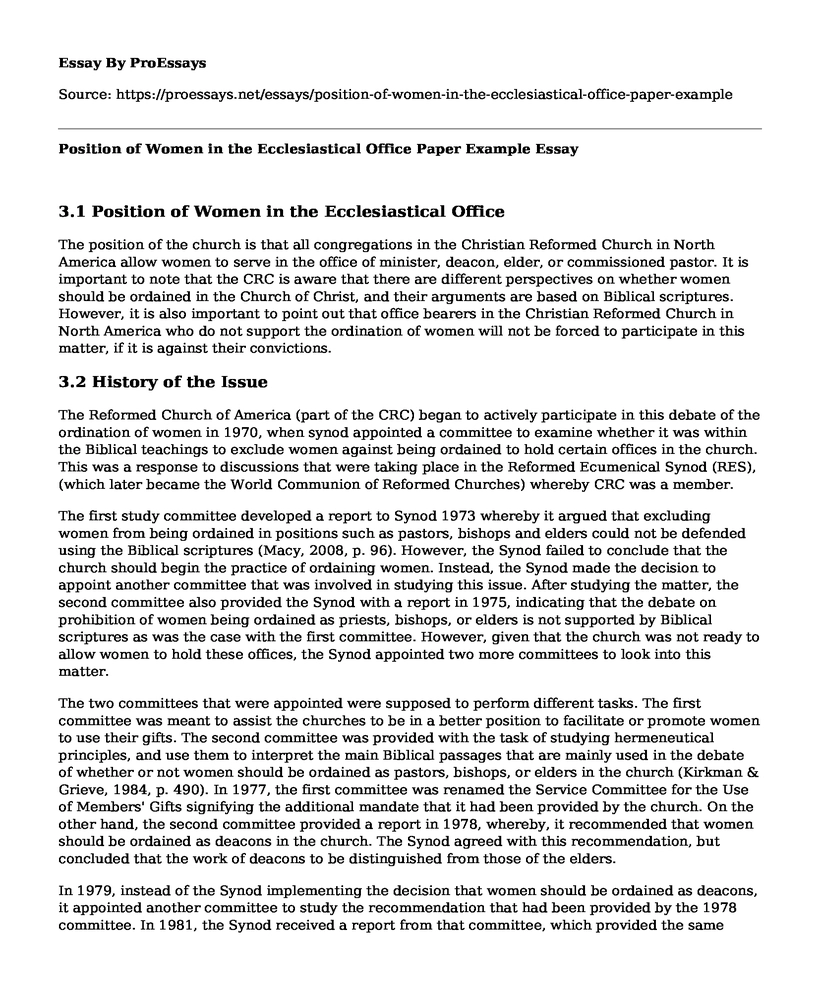 Position of Women in the Ecclesiastical Office Paper Example