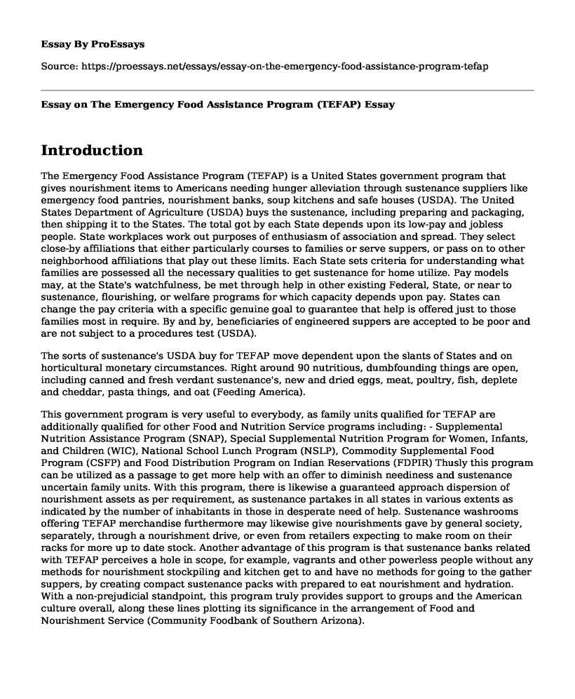 Essay on The Emergency Food Assistance Program (TEFAP)