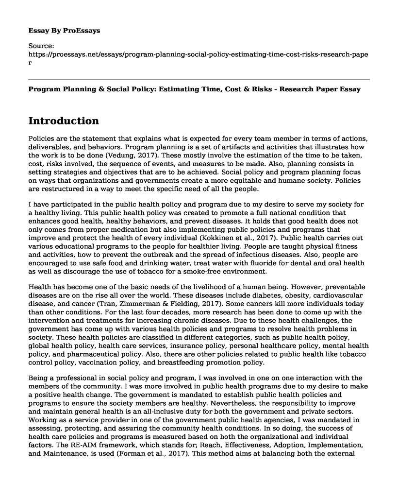 Program Planning & Social Policy: Estimating Time, Cost & Risks - Research Paper
