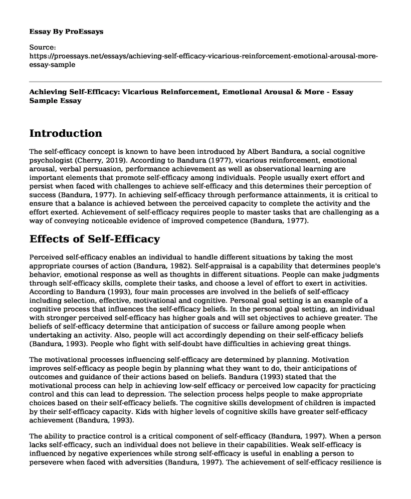 Achieving Self-Efficacy: Vicarious Reinforcement, Emotional Arousal & More - Essay Sample