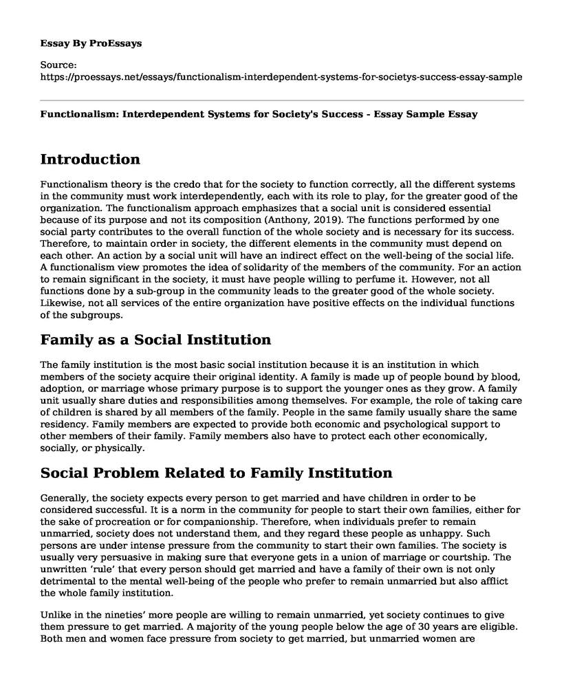 Functionalism: Interdependent Systems for Society's Success - Essay Sample
