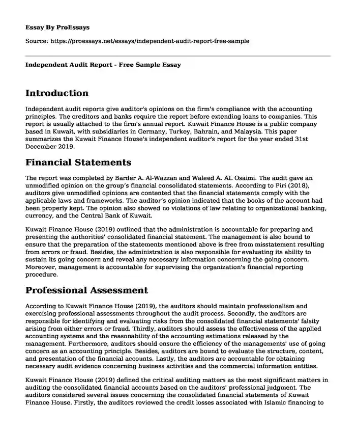 Independent Audit Report - Free Sample