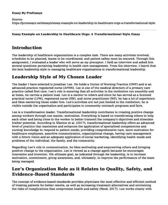 Essay Example on Leadership in Healthcare Orgs: A Transformational Style