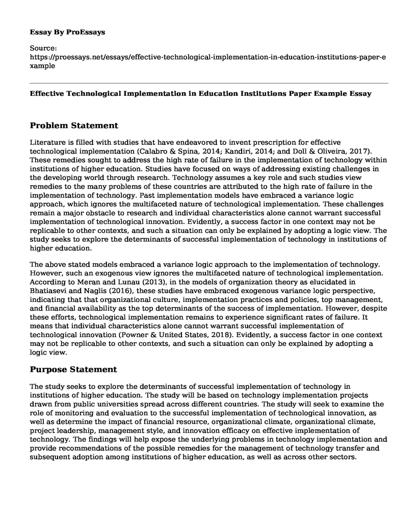 Effective Technological Implementation in Education Institutions Paper Example