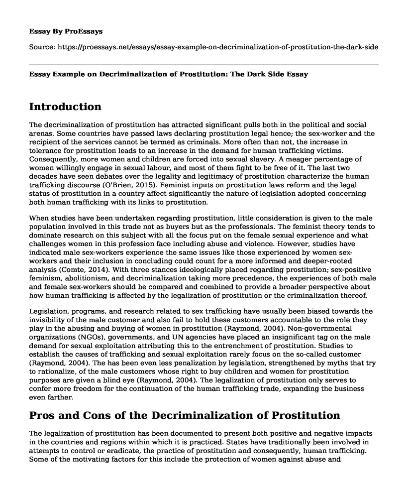 Essay Example on Decriminalization of Prostitution: The Dark Side