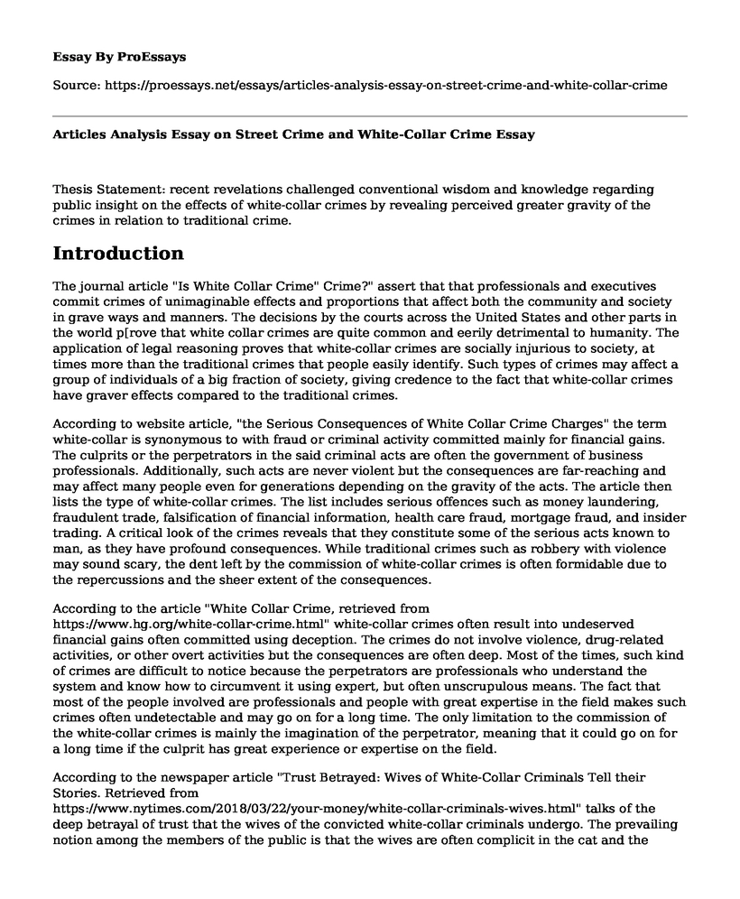 Articles Analysis Essay on Street Crime and White-Collar Crime