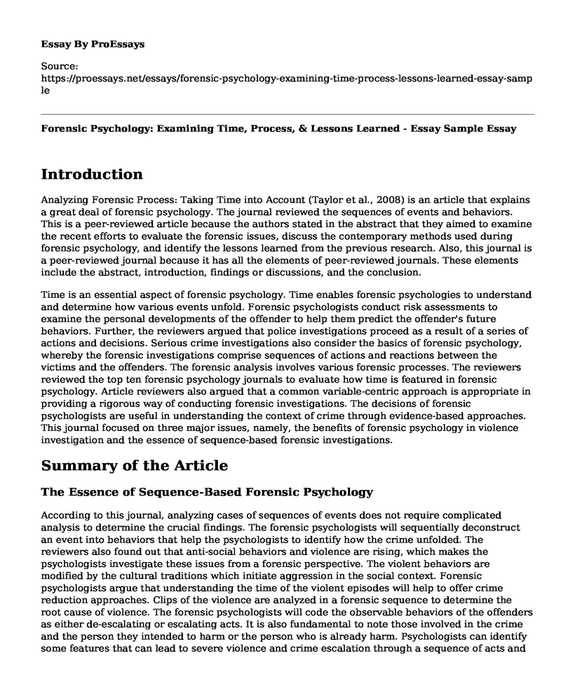 Forensic Psychology: Examining Time, Process, & Lessons Learned - Essay Sample