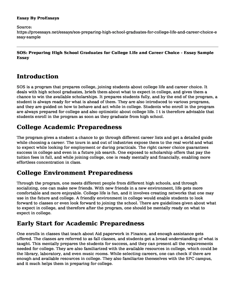 SOS: Preparing High School Graduates for College Life and Career Choice - Essay Sample
